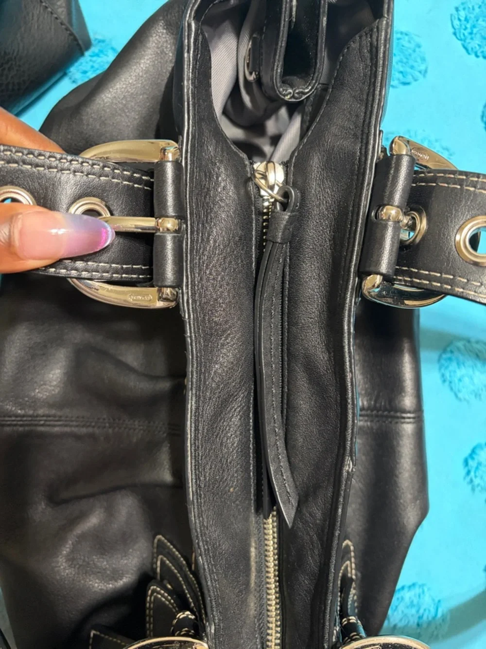 Coach Black Leather Shoulder Bag with White Contrast Stitching